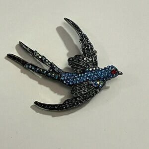 Sparkling Blue and Black Bird Brooch
